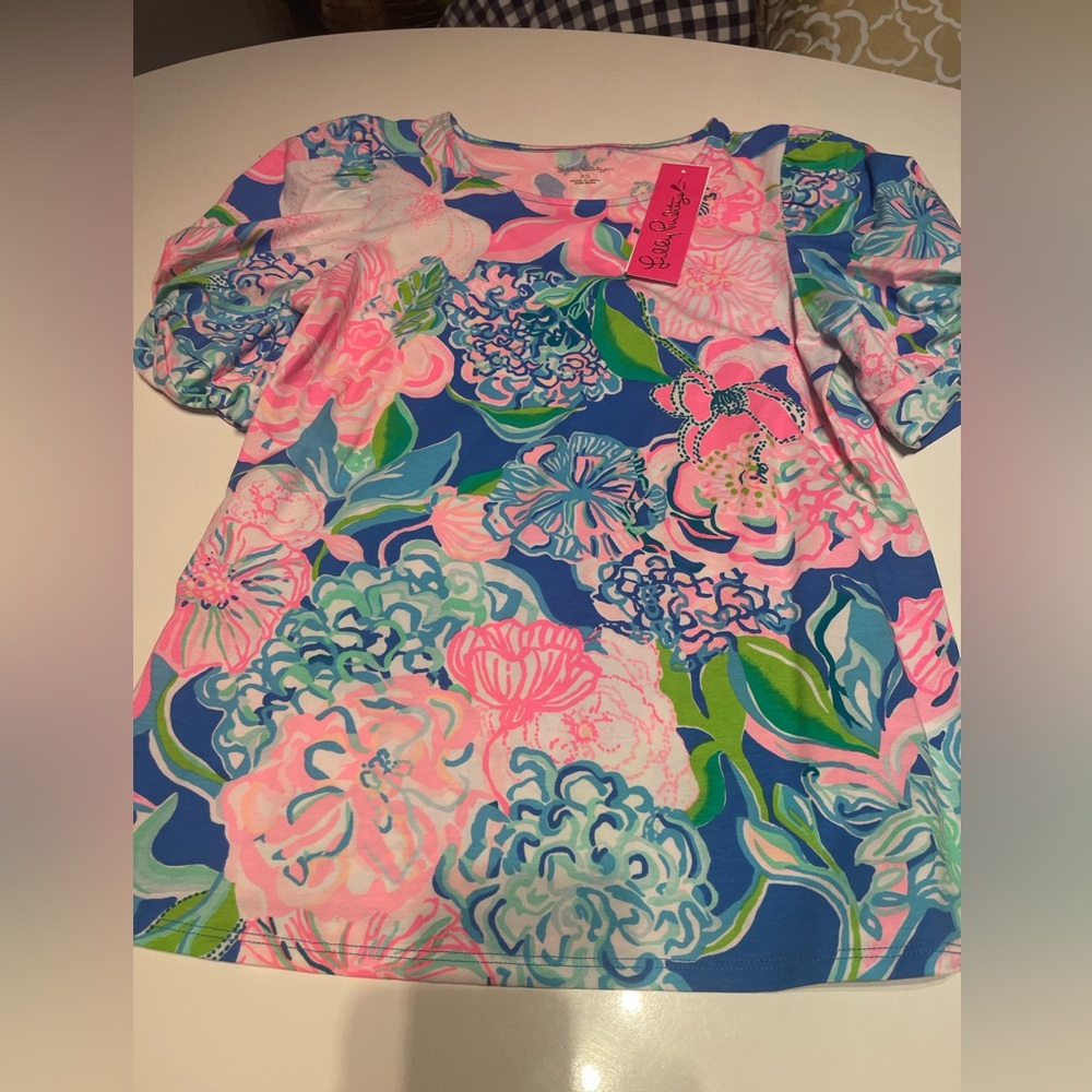 Lilly Pulitzer Elisabette Top Peony For Your Thoughts Puff Sleeves NWT